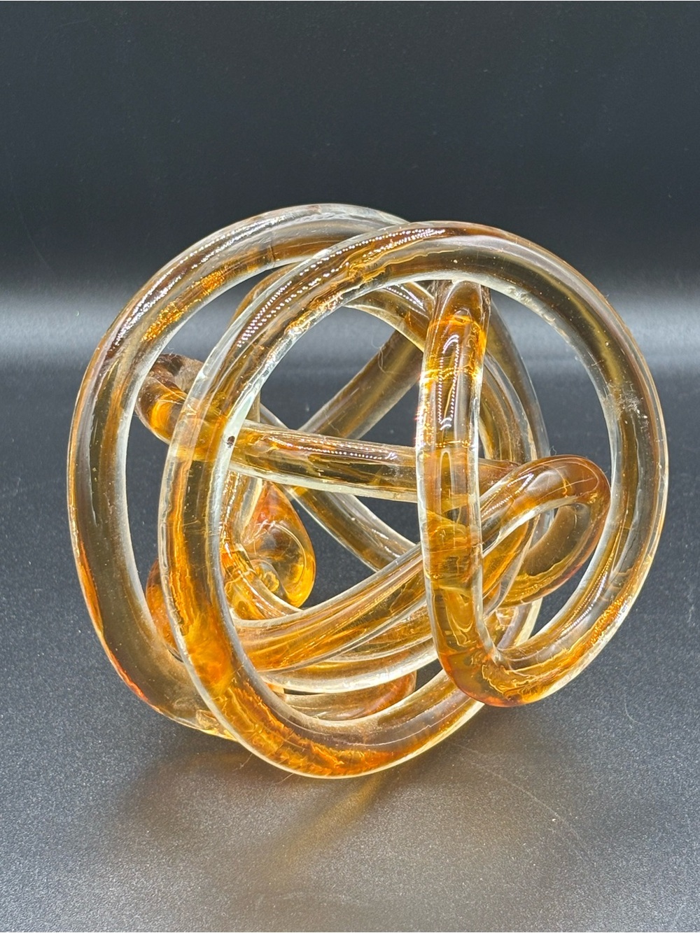 Vtg Blown Art Glass Amber Colored Infinity Knot Sculpture Paperweight 6”